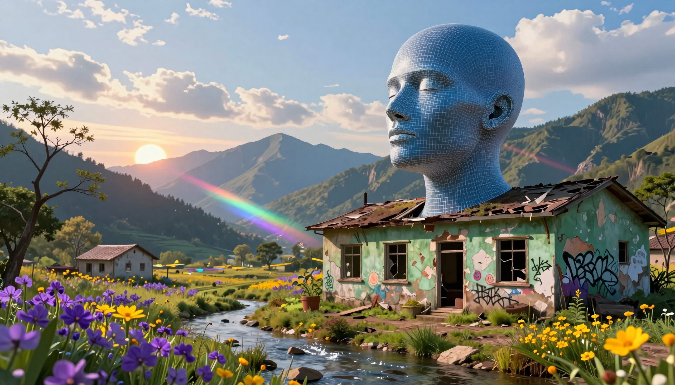 Surreal Landscape with Digital Head
