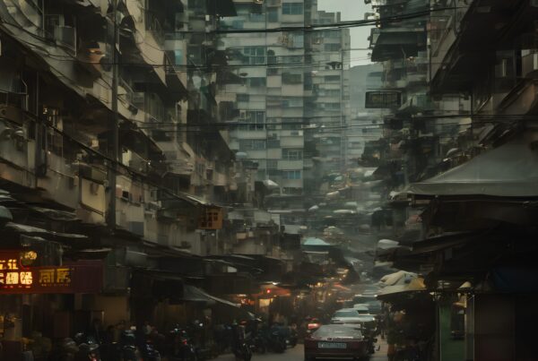 A bustling urban alleyway filled with cars, motorcycles, and pedestrians between towering high-rise buildings, creating a moody, densely packed city scene.