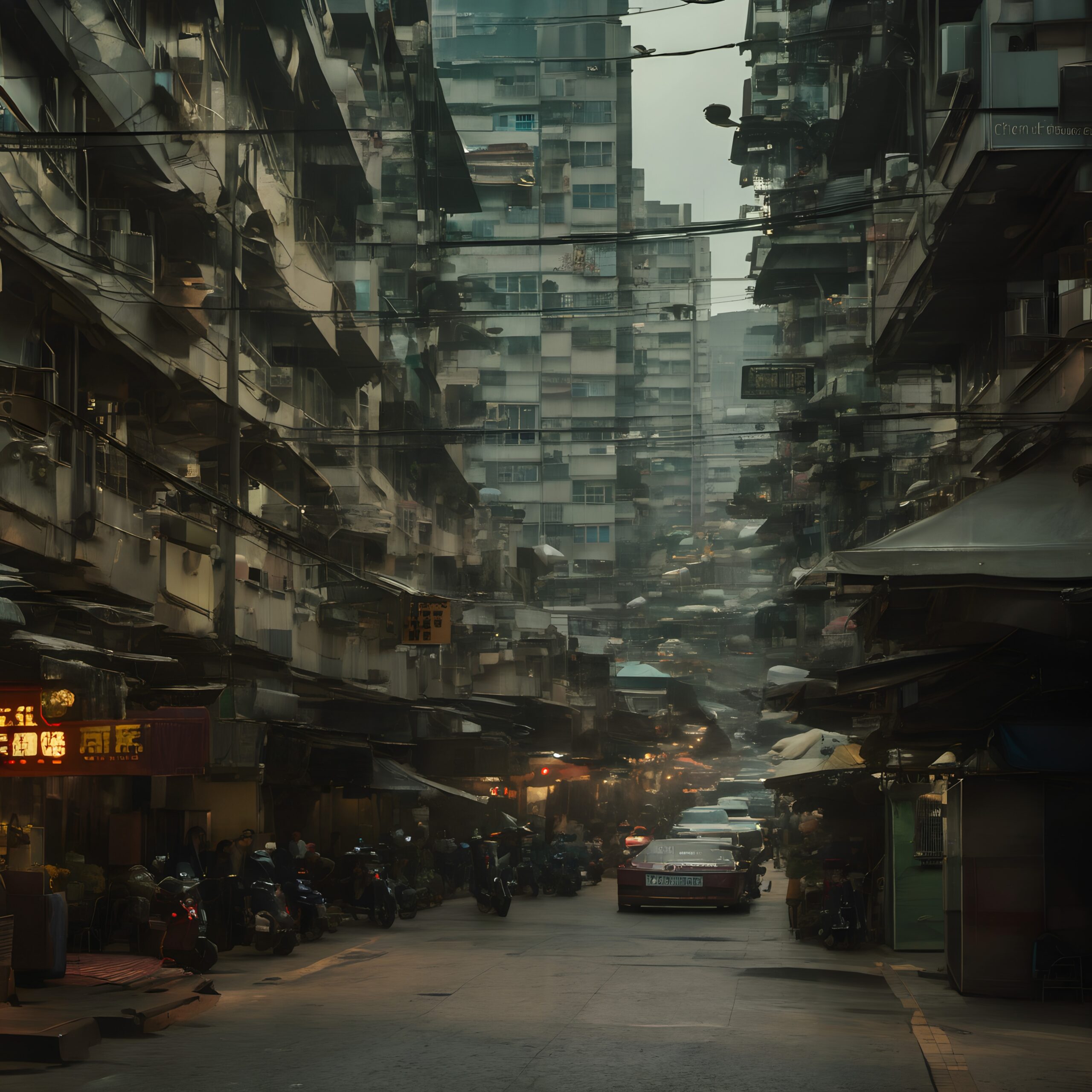 Urban Alleyway Bustling Dystopian Street Scene