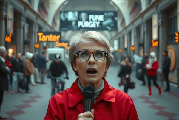 A surprised reporter in a lively shopping arcade.