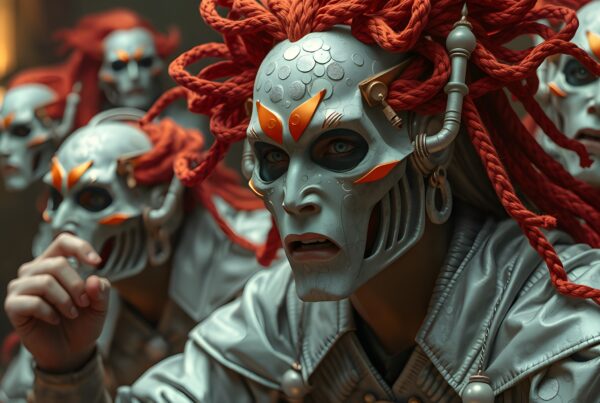 A group of individuals wearing ornate, silver masks with orange accents and bright red braided hair in a futuristic setting.