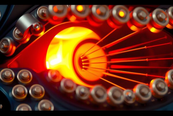 Close-up of glowing mechanical structure with metallic components and radiant beams.