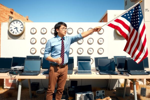 A confident person holds an American flag among clocks and laptops outdoors on a sunny day.