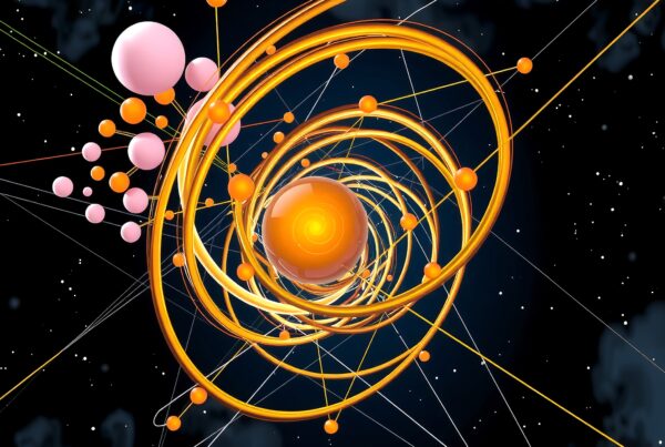 Abstract representation of atomic particles orbiting a glowing nucleus in a cosmic backdrop.