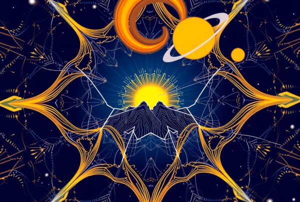 Vibrant cosmic scene with sun, planet, and radiant patterns against a starry sky.