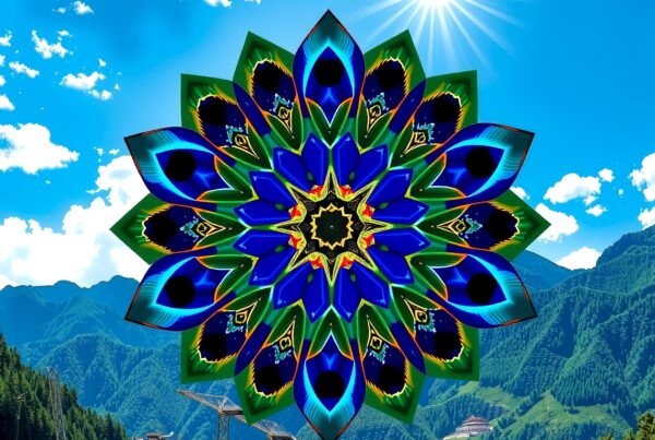 Colorful mandala with mountain backdrop.