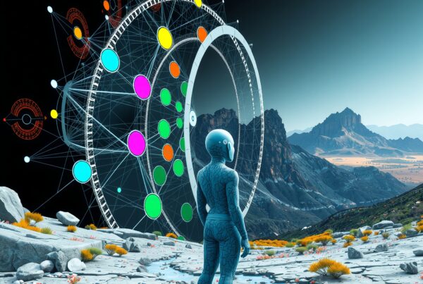 Futuristic alien landscape with humanoid observing intricate geometric rings.