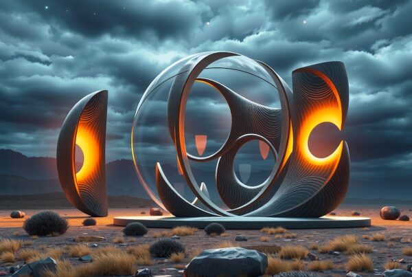 Futuristic sculpture with orange glow in dramatic desert landscape.