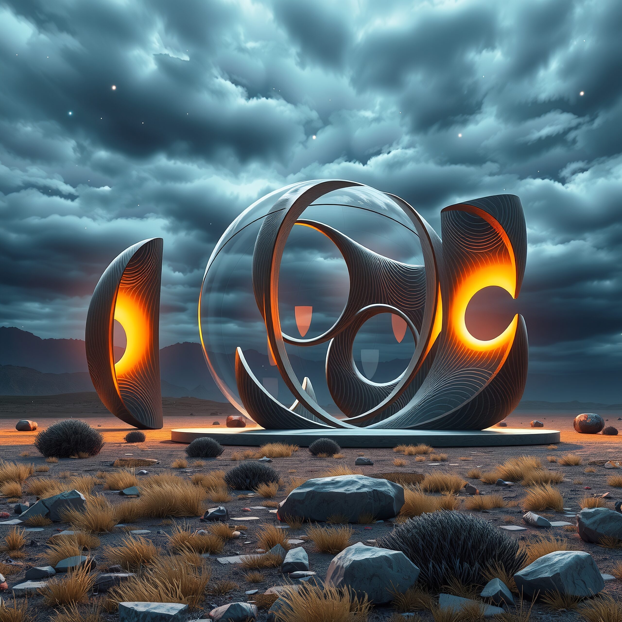 Sculpture in Dramatic Desert Landscape