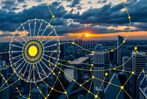 A cityscape at sunset with a network overlay highlighting interconnected urban technology.