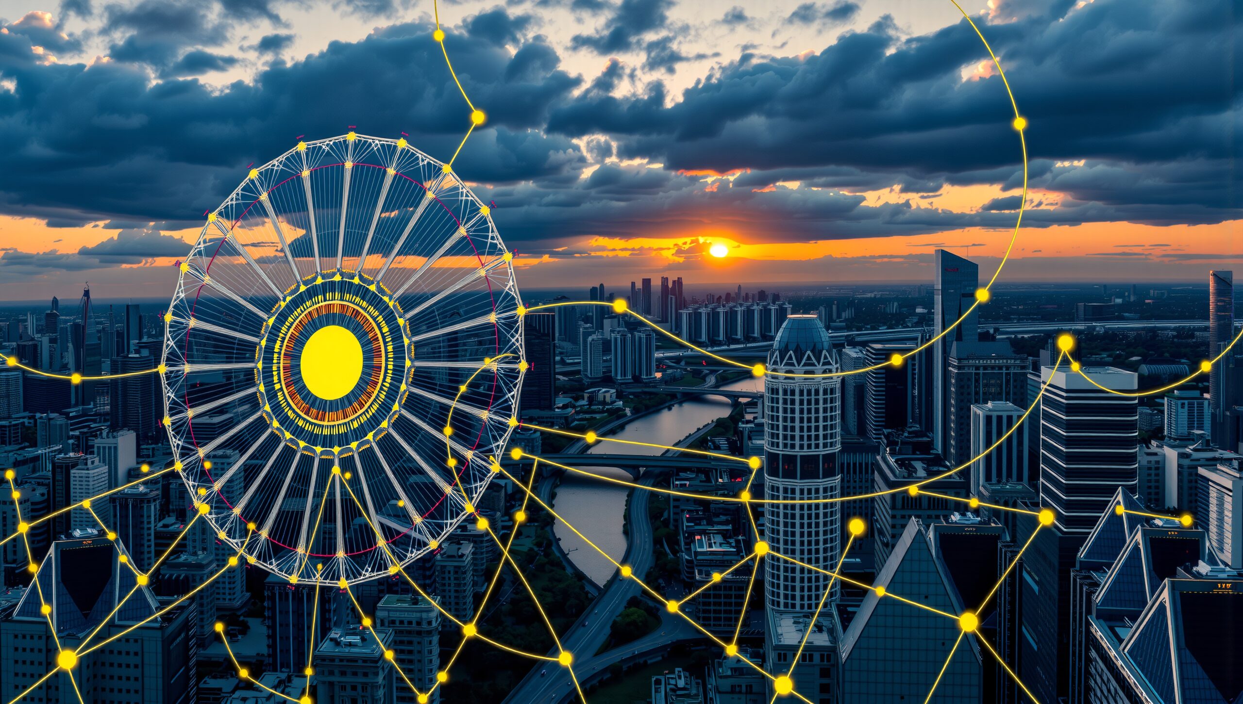 Futuristic Cityscape with Network Overlay