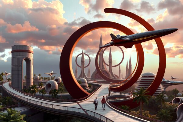 Futuristic cityscape with flying vehicles in a dramatic sunset sky.