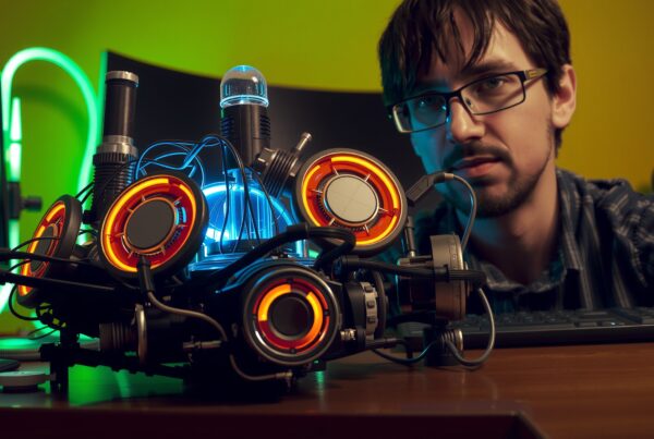 A young man analyzing a futuristic, glowing machine with colorful components on a desk.