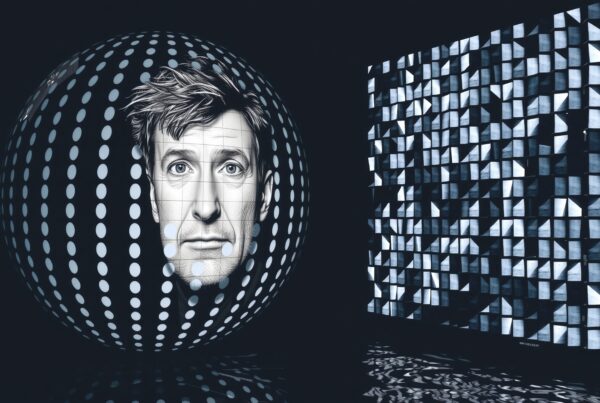 Futuristic scene of digital sphere with human face projection and illuminated panels.