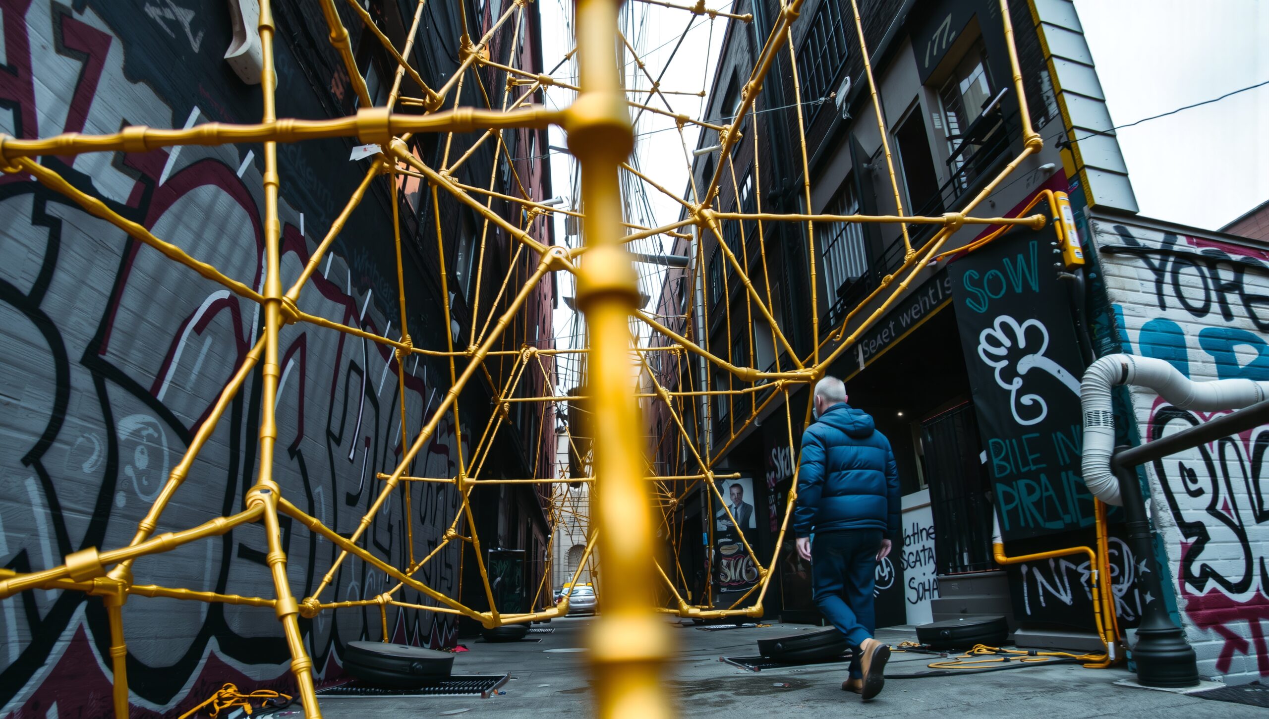 Golden Scaffolding in Urban Alley