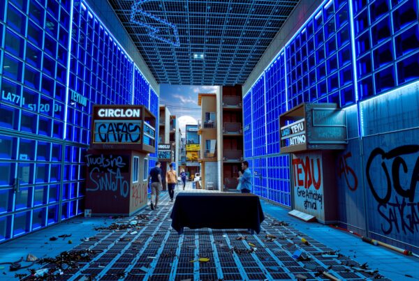Futuristic neon alleyway with urban graffiti and debris.