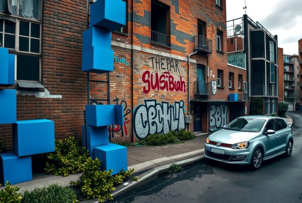 Modern city street with blue art installation and a car.