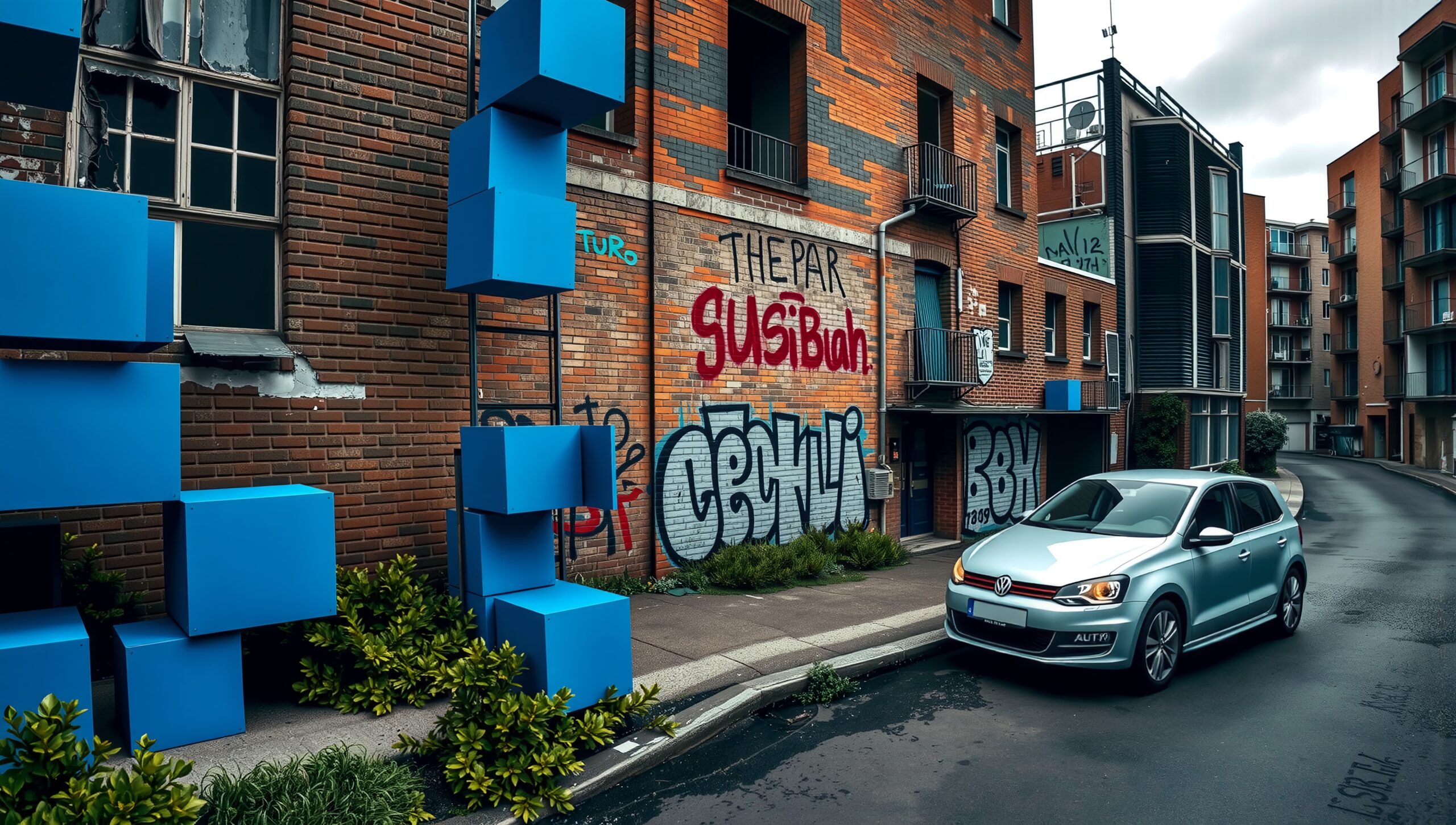 Urban Street with Blue Cubes