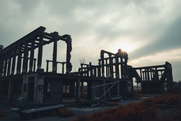 Abandoned industrial building under a cloudy sky with sunshine breaking through, surrounded by overgrown vegetation and debris.