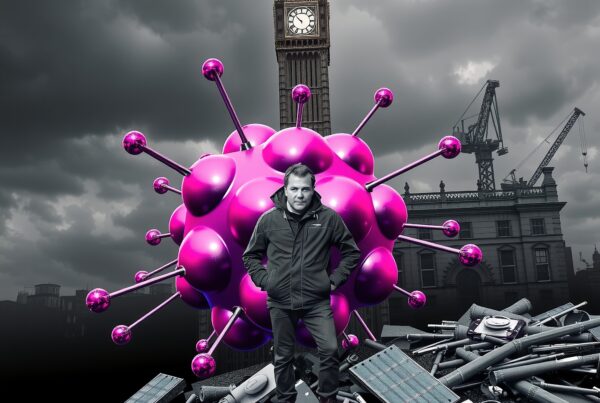 A man stands before a giant pink virus structure with Big Ben in the background, surrounded by urban debris under stormy skies.