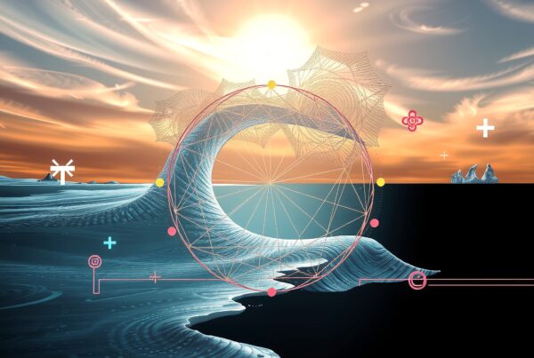 A futuristic abstract ocean scene with geometric shapes and a stunning sunset.