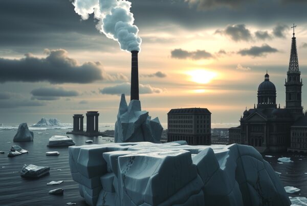 A striking image of icebergs and historical buildings with a smokestack, illustrating a dramatic cityscape at sunset.
