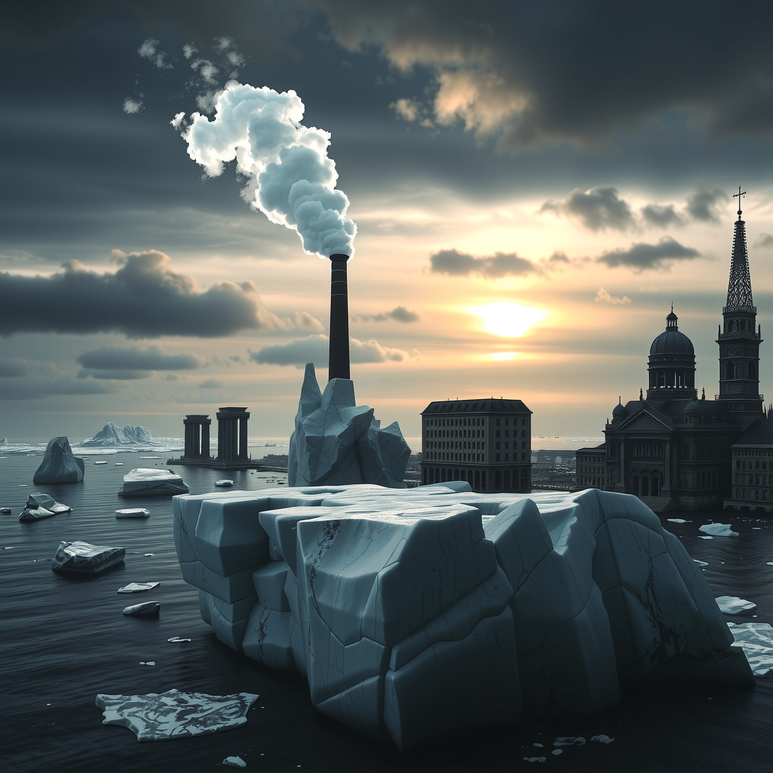 Surreal Iceberg Cityscape with Smokestack