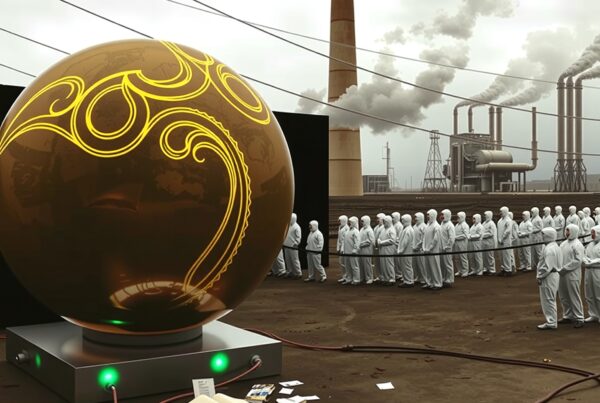 A large glowing sphere with golden patterns is connected to a box amid an industrial landscape with smoky towers and uniformly dressed individuals in protective suits.