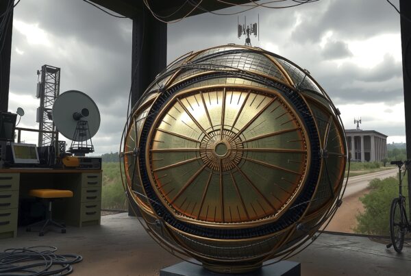 Futuristic metallic sphere installation in laboratory setting with advanced communication equipment and overcast backdrop.