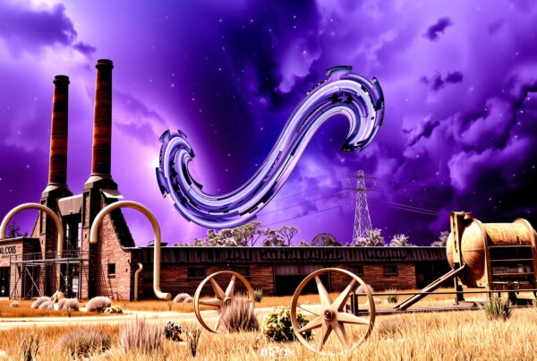 A surreal industrial scene with a floating metallic structure under a vibrant purple sky.
