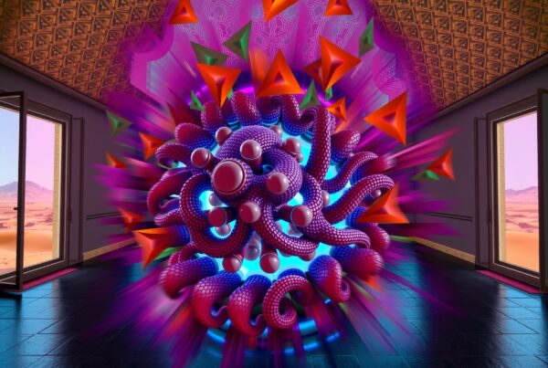 A vibrant neon abstract sculpture with tentacles in a serene room.