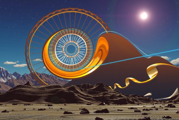 A surreal landscape with a futuristic spiral and rugged desert terrain under a starry night sky.