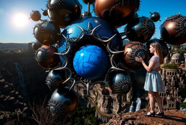 A girl stands amidst futuristic mechanical spheres, overlooking a sprawling city and waterfalls.