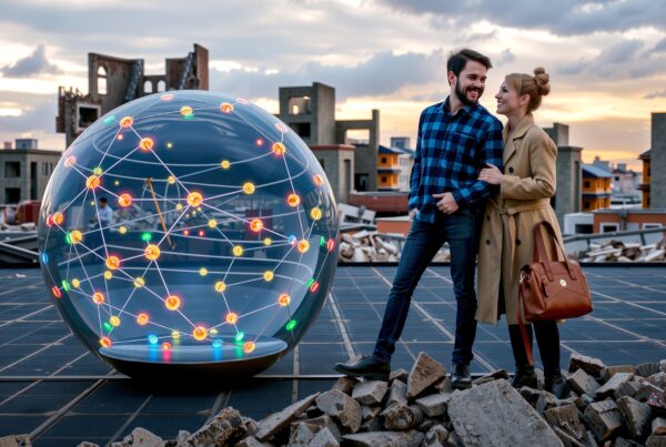 A couple on a rooftop beside a glowing light sphere with a cityscape backdrop at sunset.