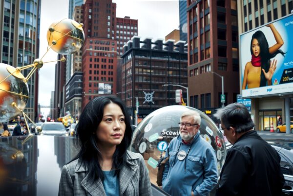 A woman stands on a busy city street with artistic spheres overhead and a billboard in the background.