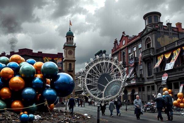 A city street adorned with vibrant metallic spheres, under dramatic, cloudy skies, featuring architectural landmarks and passing pedestrians.
