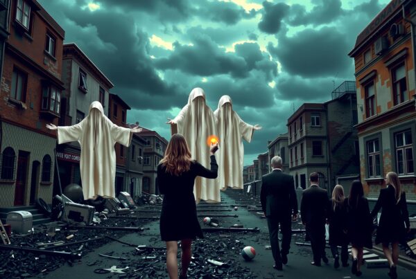 A woman holds glowing orb amidst ghostly figures on a dark urban street.