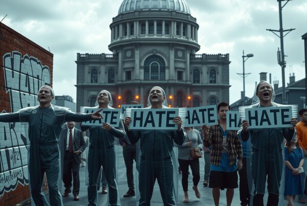A group protests with "hate" signs outside a dome.