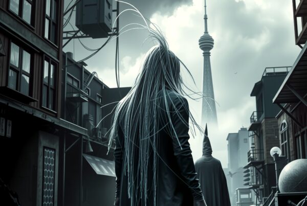A person with long hair in a post-apocalyptic city, with a distant tower under dramatic clouds.