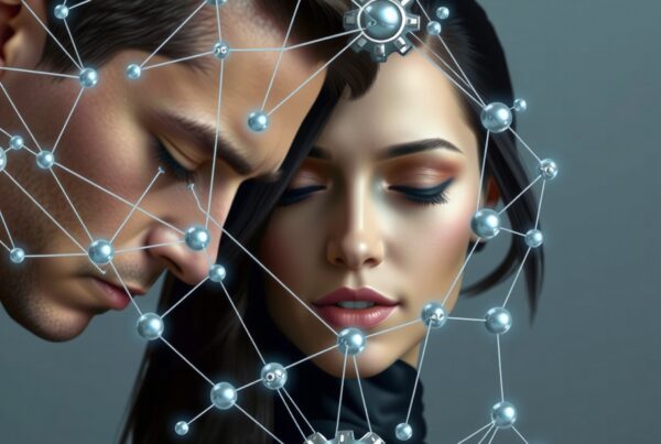 A man and woman with closed eyes, connected by futuristic neural networks, symbolizing human-technology unity.