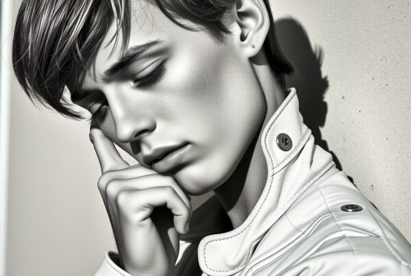 Person in white leather jacket looking contemplative with eyes closed, standing against textured wall.