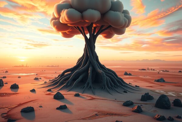 Surreal tree with cloud-like canopy stands in a vibrant desert landscape at sunset.