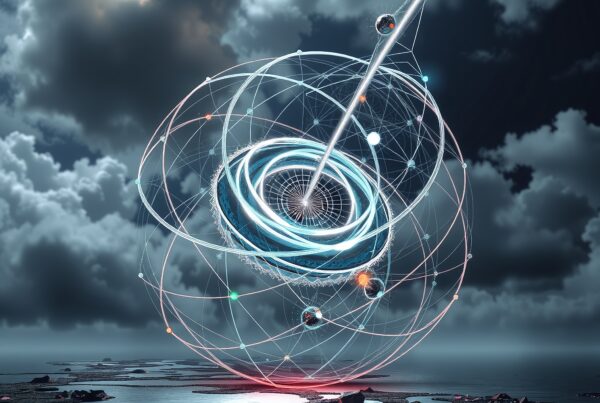 Abstract futuristic device against stormy sky, glowing orbs orbit mechanical structure, reflecting cosmic harmony.