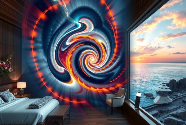 A serene bedroom with a vibrant cosmic mural and ocean sunset view.