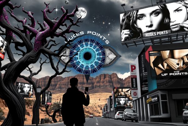 A surreal cityscape with digital billboards and a cosmic eye in the sky.
