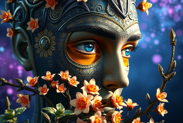 A surreal portrait of a metallic face interwoven with blooming flowers, set against a dreamy blue and purple background.