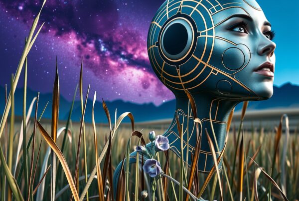 A futuristic female android in a field, gazing skyward under a galaxy-filled night sky.
