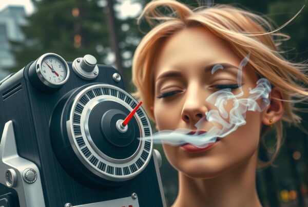 A woman stands with eyes closed in front of a futuristic device, emitting smoke in a park setting.