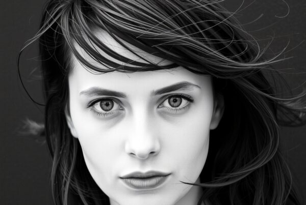 Black and white portrait of a woman with intense gaze and flowing hair.