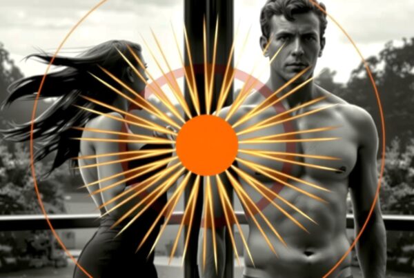 A shirtless man and a woman with flowing hair stand on a balcony with an abstract sunburst overlay.